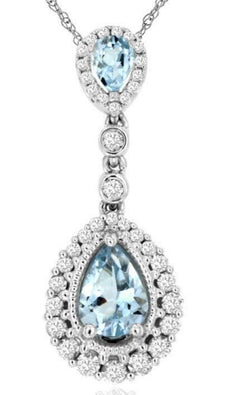 1.09CT DIAMOND & AAA AQUAMARINE 14KT WHITE GOLD 3D TEAR DROP FLOATING PENDANT