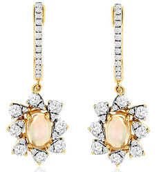 1.22CT DIAMOND & AAA OPAL 14KT YELLOW GOLD ROUND & OVAL FLOWER HANGING EARRINGS