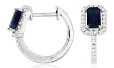 .96CT DIAMOND & AAA SAPPHIRE 14K WHITE GOLD EMERALD CUT & ROUND HUGGIE EARRINGS
