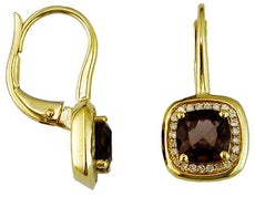 2.01CT DIAMOND & AAA SMOKEY TOPAZ 14KT YELLOW GOLD SQUARE HALO HANGING EARRINGS