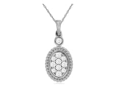 ESTATE .17CT DIAMOND 14K WHITE GOLD ROUND CLUSTER OVAL FILIGREE FLOATING PENDANT