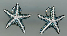 LARGE 1.08CT WHITE & BLUE DIAMOND 14KT WHITE GOLD 3D STARFISH CLIP ON EARRINGS