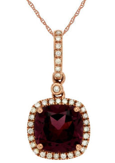 2.74CT DIAMOND & AAA RHODOLITE 14KT ROSE GOLD 3D CUSHION & ROUND HALO PENDANT