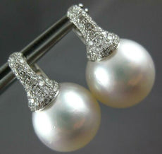 LARGE .79CT DIAMOND & AAA SOUTH SEA PEARL 18K WHITE GOLD HUGGIE HANGING EARRINGS