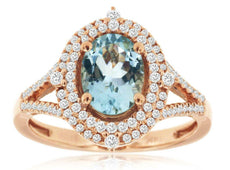 1.43CT DIAMOND & AAA AQUAMARINE 14KT ROSE GOLD OVAL DOUBLE HALO LOVE CROWN RING