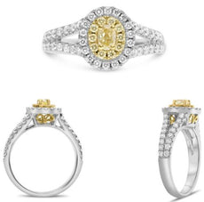 1.05CT WHITE & FANCY YELLOW DIAMOND 18K 2 TONE GOLD OVAL & ROUND ENGAGEMENT RING