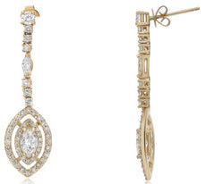 2.35CT DIAMOND 14KT YELLOW GOLD 3D ROUND & MARQUISE DOUBLE HALO LEAF EARRINGS