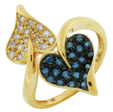 .40CT WHITE & BLUE DIAMOND 14KT YELLOW GOLD DOUBLE HEART CRISS CROSS LOVE RING