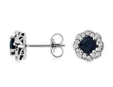 1.1CT DIAMOND & AAA SAPPHIRE 14KT WHITE GOLD ROUND FILIGREE FLOWER STUD EARRINGS