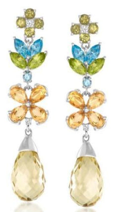 4.75CT DIAMOND & AAA MULTI GEM 14KT WHITE GOLD FLORAL TEAR DROP HANGING EARRINGS
