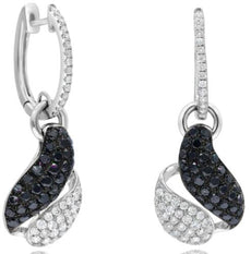 1.98CT WHITE & BLACK DIAMOND 14KT WHITE GOLD CRISS CROSS HUGGIE HANGING EARRINGS