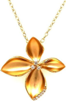 ESTATE .14CT DIAMOND 18KT YELLOW GOLD 3D FLOWER MATTE & SHINY FLOATING PENDANT