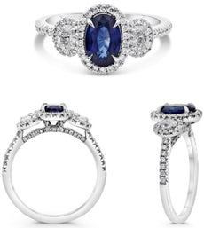 1.83CT DIAMOND & AAA SAPPHIRE PLATINUM OVAL & ROUND 3 STONE HALO ENGAGEMENT RING