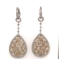 LARGE 2.38CT DIAMOND 18KT 2 TONE GOLD OPEN FILIGREE TEAR DROP HANGING EARRINGS