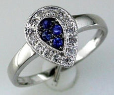 .22CT DIAMOND & AAA SAPPHIRE 14KT WHITE GOLD PAVE PEAR SHAPE FILIGREE FUN RING