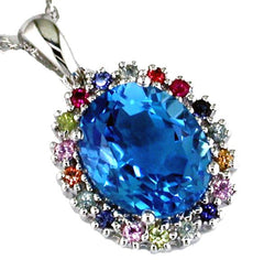 6.40CT AAA MULTI COLOR SAPPHIRE & AAA BLUE TOPAZ 14K WHITE GOLD FLOATING PENDANT