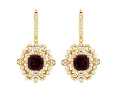 3.40CT DIAMOND & AAA RHODOLITE 14KT YELLOW GOLD CUSHION & ROUND HANGING EARRINGS