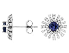1.15CT DIAMOND & AAA TANZANITE 14KT WHITE GOLD 3D FLOWER STARBURST STUD EARRINGS