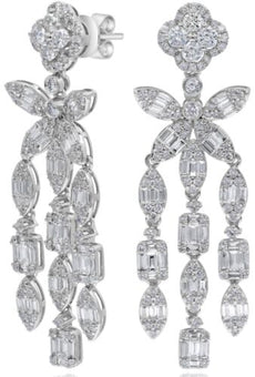 LARGE 3.39CT DIAMOND 14K WHITE GOLD ROUND & BAGUETTE CHANDELIER HANGING EARRINGS