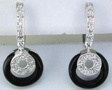 ESTATE .15CT DIAMOND & AAA ONYX 14KT WHITE GOLD 3D CIRCULAR HANGING EARRINGS