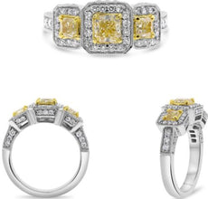 1.90CT WHITE & FANCY YELLOW DIAMOND 18K 2 TONE GOLD CUSHION & ROUND 3 STONE RING
