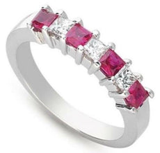 1.22CT DIAMOND & AAA RUBY 14KT WHITE GOLD 3D PRINCESS 7 STONE ANNIVERSARY RING