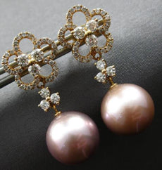LARGE 1.11CT DIAMOND & AAA PINK SOUTH SEA PEARL 18KT ROSE GOLD HANGING EARRINGS