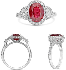 3.87CT DIAMOND & AAA RUBY PLATINUM OVAL & HALF MOON 3 STONE HALO ENGAGEMENT RING