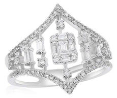 .64CT DIAMOND 14KT WHITE GOLD CLASSIC ROUND & BAGUETTE DOUBLE V SQUARE FUN RING