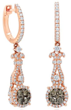 1.26CT WHITE & CHOCOLATE FANCY DIAMOND 14KT ROSE GOLD 3D FLOWER HANGING EARRINGS
