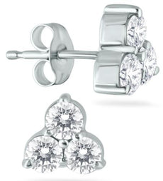1.0CT DIAMOND 14KT WHITE GOLD 3D ROUND 3 STONE TRIANGULAR FLOWER STUD EARRINGS