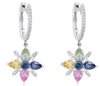 2.06CT DIAMOND & AAA MULTI COLOR SAPPHIRE 14K WHITE GOLD FLOWER HANGING EARRINGS