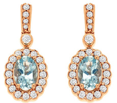 1.15CT DIAMOND & AAA AQUAMARINE 14KT ROSE GOLD 3D OVAL & ROUND HANGING EARRINGS