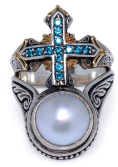 AAA BLUE SPINEL & AAA SOUTH SEA PEARL 18KT YELLOW GOLD & 925 SILVER CROSS RING