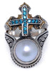AAA BLUE SPINEL & AAA SOUTH SEA PEARL 18KT YELLOW GOLD & 925 SILVER CROSS RING