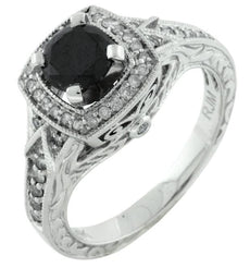 1.0CT WHITE & BLACK DIAMOND 14KT WHITE GOLD ROUND HALO FILIGREE ENGAGEMENT RING