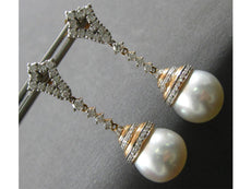 ESTATE LARGE .90CT DIAMOND & AAA SOUTH SEA PEARL 18K WHITE & ROSE GOLD HANGING EARRINGS