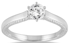 1.0CT DIAMOND 14KT WHITE GOLD CLASSIC ROUND SOLITAIRE FILIGREE ENGAGEMENT RING