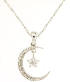 ESTATE .12CT DIAMOND 14KT WHITE GOLD 3D ROUND MOON & STAR LOVE PENDANT