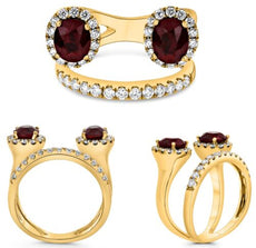 2.84CT DIAMOND & AAA RUBY 18K YELLOW GOLD 3D OVAL & ROUND DOUBLE FLOWER FUN RING