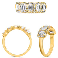 1.75CT DIAMOND 18KT YELLOW GOLD 3D ROUND & EMERALD CUT CLASSIC 5 STONE HALO RING