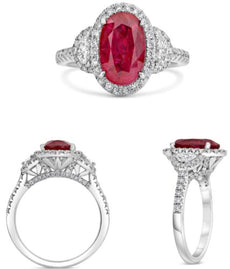 3.43CT DIAMOND & AAA RUBY PLATINUM OVAL & HALF MOON 3 STONE HALO ENGAGEMENT RING