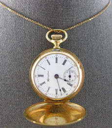 ANTIQUE .06CT DIAMOND 14KT YELLOW GOLD HAMPDEN ROUND POCKET WATCH/NECKLACE 28096