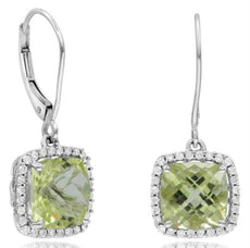 5.52CT DIAMOND & AAA LEMON QUARTZ 14KT WHITE GOLD CUSHION & ROUND HALO EARRINGS