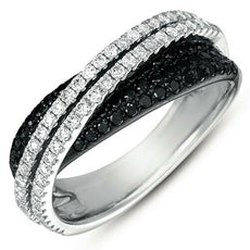 .99CT WHITE & BLACK DIAMOND 14KT WHITE GOLD 3D MULTI ROW CRISS CROSS X LOVE RING
