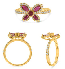 .85CT DIAMOND & AAA RUBY 14KT YELLOW GOLD MARQUISE & ROUND BUTTERFLY FLOWER RING