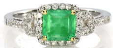 1.02CT DIAMOND & AAA EMERALD 18K 2 TONE GOLD SQUARE & ROUND HALO ENGAGEMENT RING