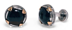 AAA CABOCHON HAWK EYE 18KT YELLOW GOLD & 925 SILVER FILIGREE CIRCULAR CUFFLINKS