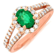1.45CT DIAMOND & AAA EMERALD 14KT ROSE GOLD CLASSIC HALO FLOWER ENGAGEMENT RING