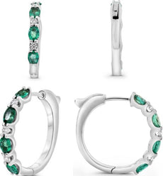1.43CT DIAMOND & AAA EMERALD 14KT WHITE GOLD OVAL & ROUND HOOP HANGING EARRINGS